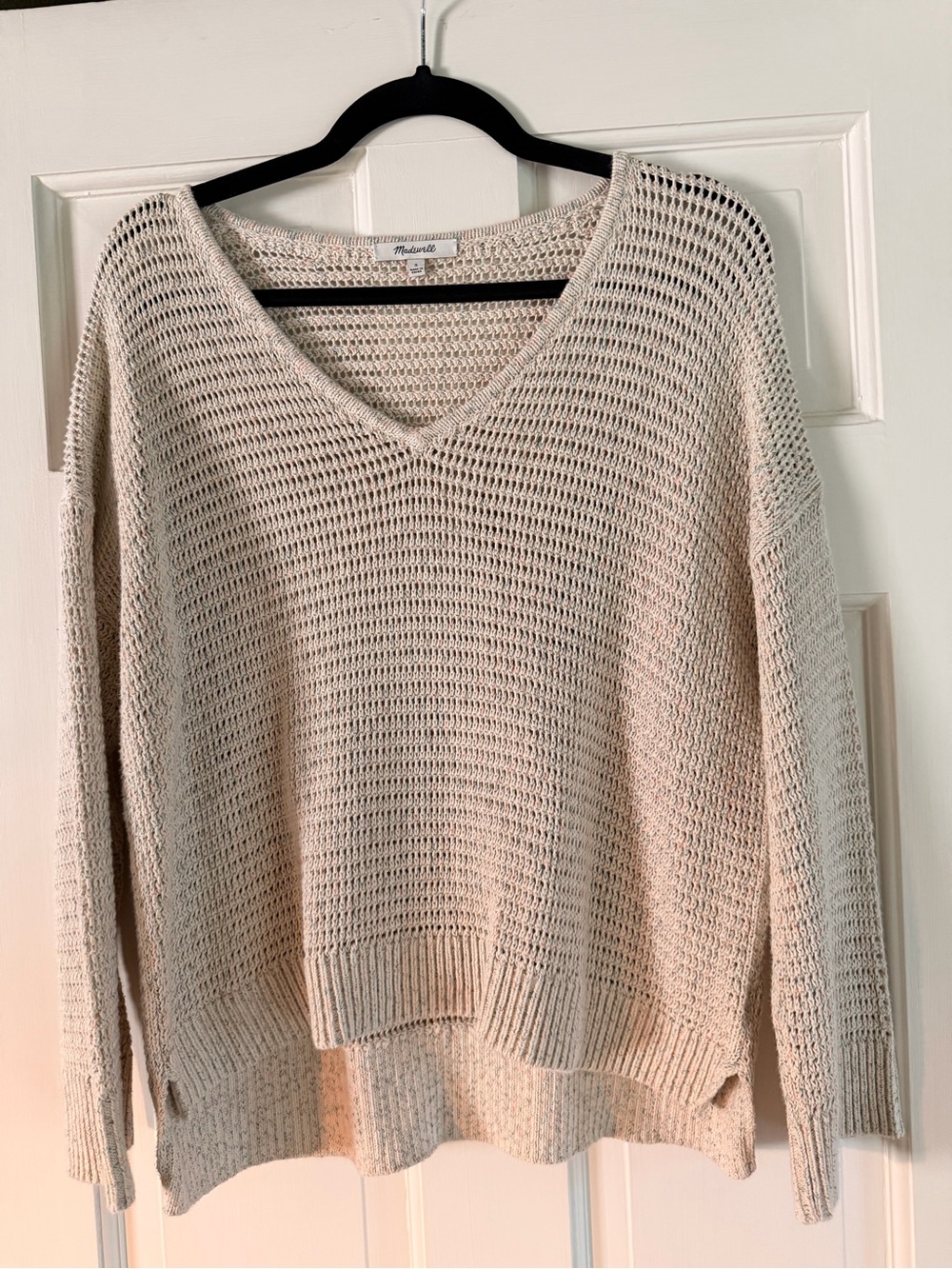 Madewell Speckled Cream Open-Knit V-Neck Sweater